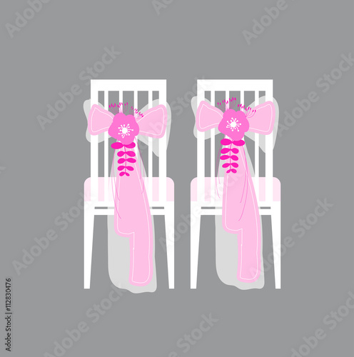 Wedding chairs decorated with ribbon and flowers. Vector illustration