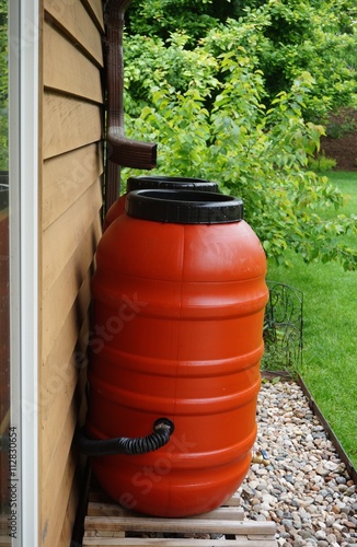 Rain barrels collecting water in the garden © eqroy
