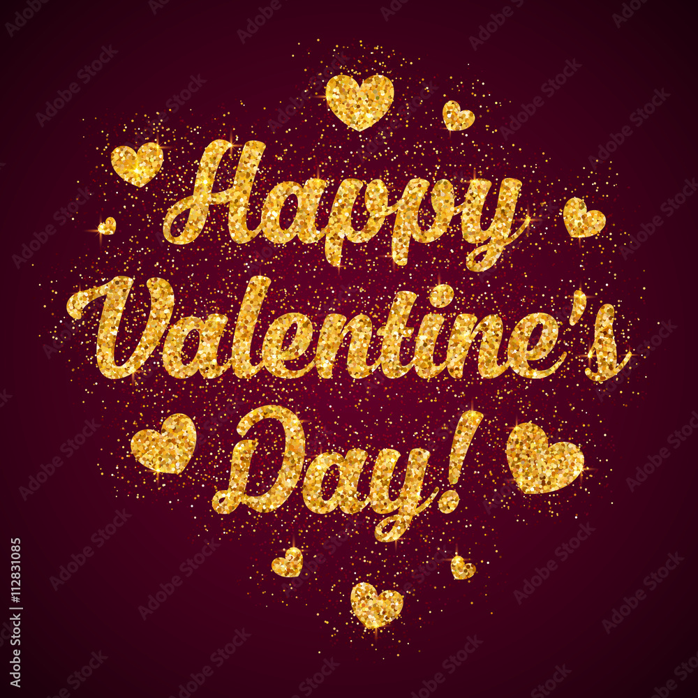 Happy Valentines Day golden glitter sign at dark red background