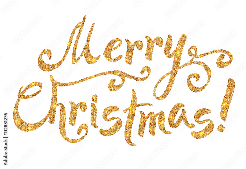 Golden glitter paint hand drawn Merry Christmas sign on white background