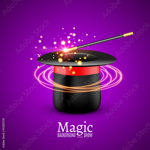 Magic Hat with Magic wand. Vector Magician perfomance. Wizzard show background