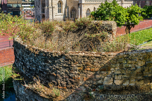 Remains of old Roman city walls. Barbican Estate, London, UK. photo