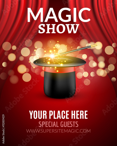 Magic Show poster design template. Magic show flyer design with magic hat and curtains