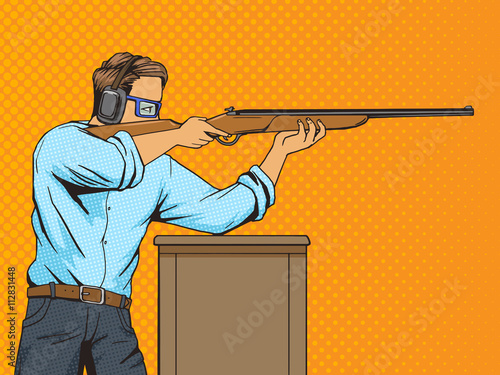Man with rifle at shooting range pop art vector