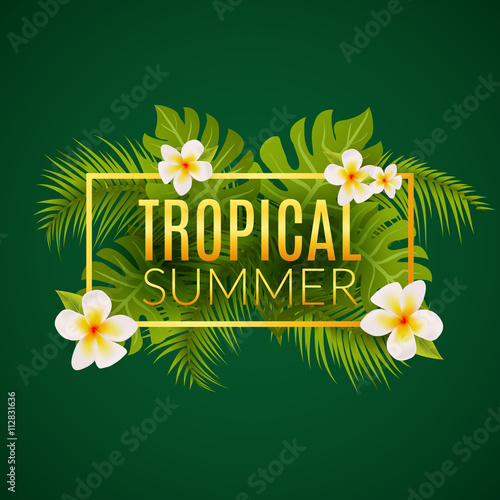 Tropical summer design poster template. Summer vacation with leafs and flowers. Jungle paradise