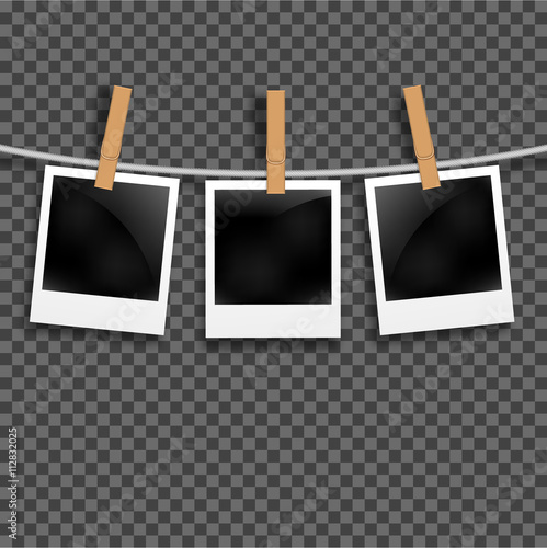 Set of photo frames on the rope with clothespin. Polaroid photo frames set on transparent