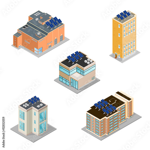 Isometric vector illustration set of solar powered buildings icons.
Modern buildings using renewable clean solar energy with sun.
