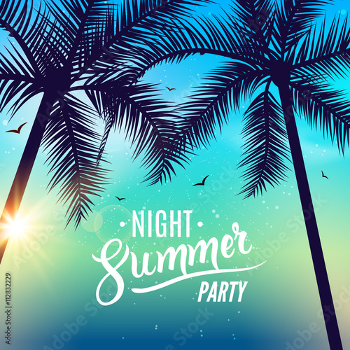 Summer night dance party. Beach summer night party poster. Travel vacation design flyer