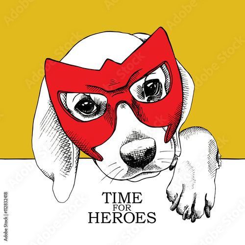 The poster with the portrait of the dog wearing the mask of hero. Vector illustration.