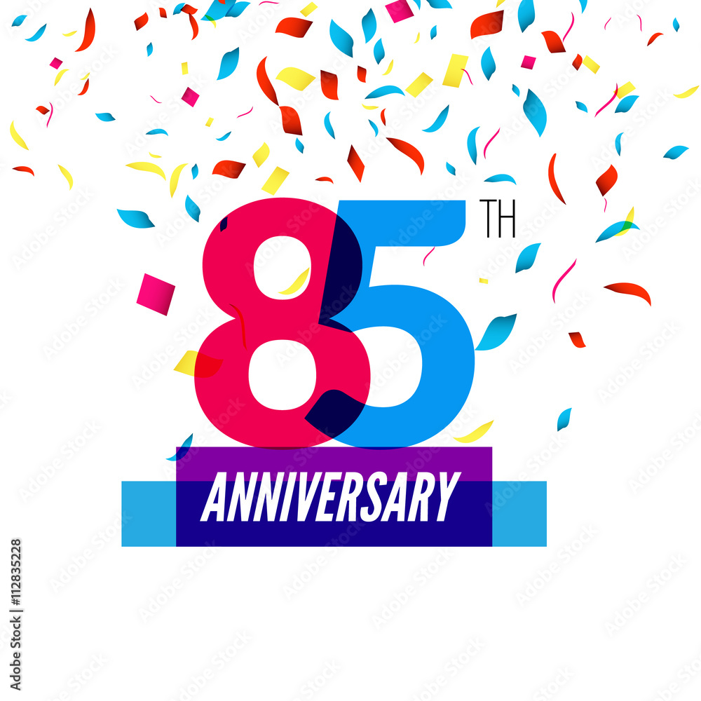 Anniversary design. 85th icon anniversary. Colorful overlapping design with colorful confetti Anniversary design. 85th icon anniversary. Colorful overlapping design with colorful confetti