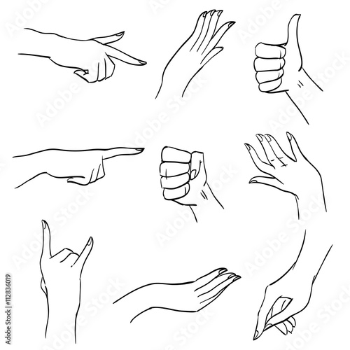 Set of hands and fingers in different positions and gestures, graphic sketch lines and strokes, black and white body part for illustrations, design diagrams and instructions, isolated vector objects