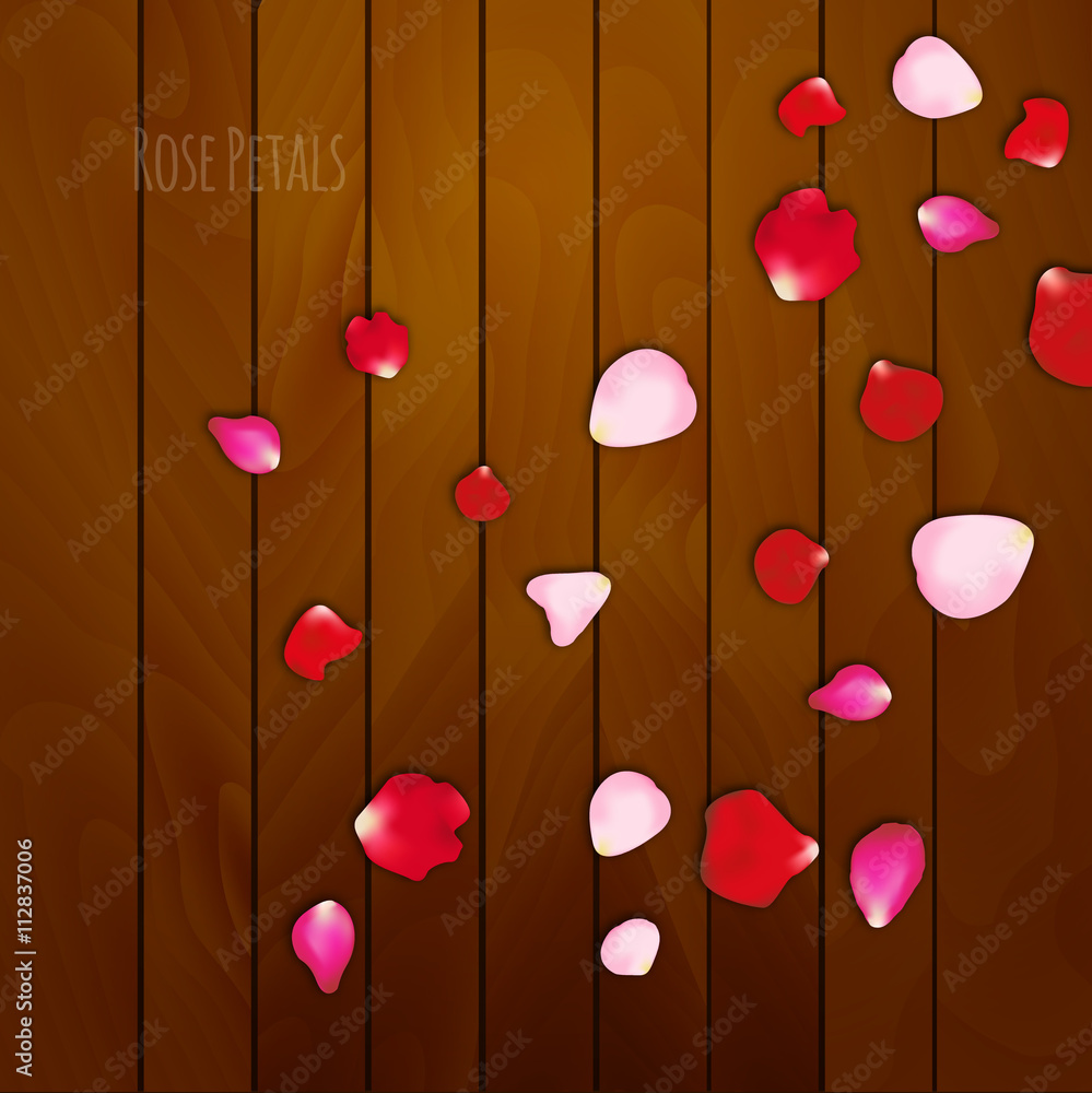 Fototapeta premium Realistic rose petals on wooden background, Valentines day card. Love background