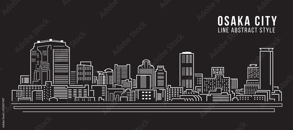 Naklejka premium Cityscape Budynek Grafika liniowa Projekt ilustracji wektorowych - miasto Osaka