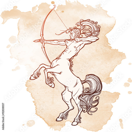 Rearing Centaur holding bow and arrow. Vintage style sketch.