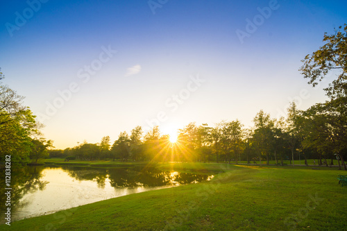 Sunset in the beautiful park with pond nature