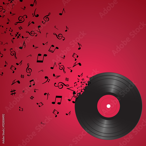 Abstract music background with notes and vinyl. Musical backdrop. Music Notes isolated. Music vinyl object