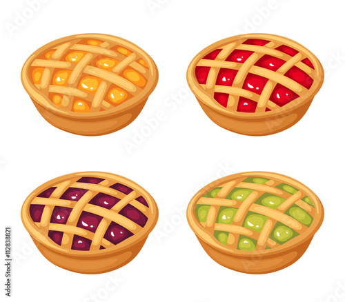 Vector set of four fruit and berry crumble pies isolated on a white background.