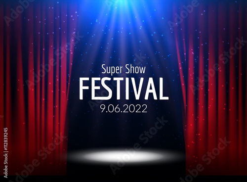 Vector Festive design with lights. Poster for concert, party, theater, dance template. Stage with Curtains. Poster Template with Lights .