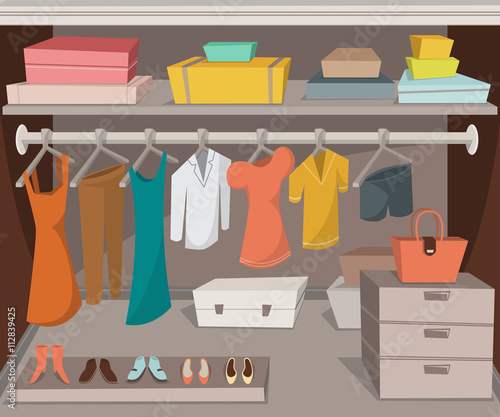 Wardrobe room with clothes, shoes and boxes. Cartoon vector illustration