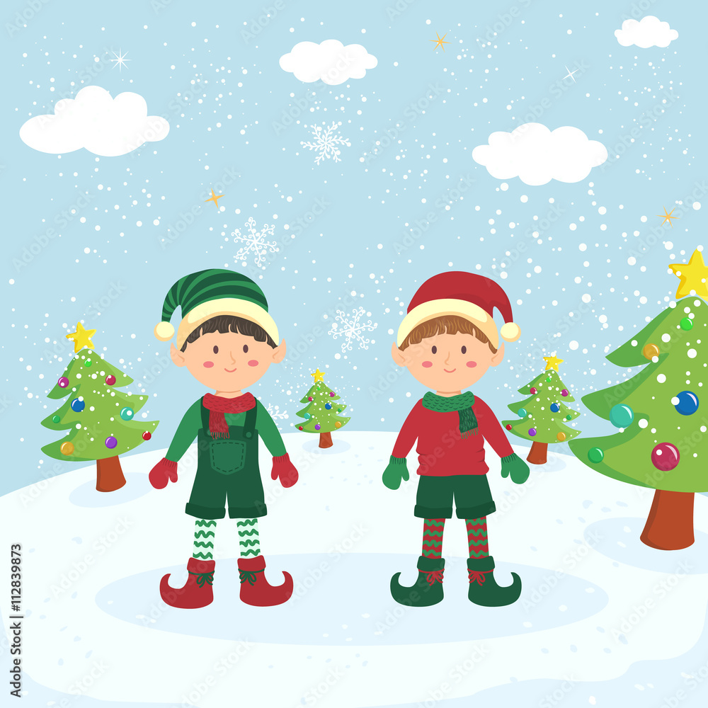 Illustration of christmas greeting card with twin elf boy in snowy winter background. Illustration of christmas greeting card with twin elf boy in snowy winter background.