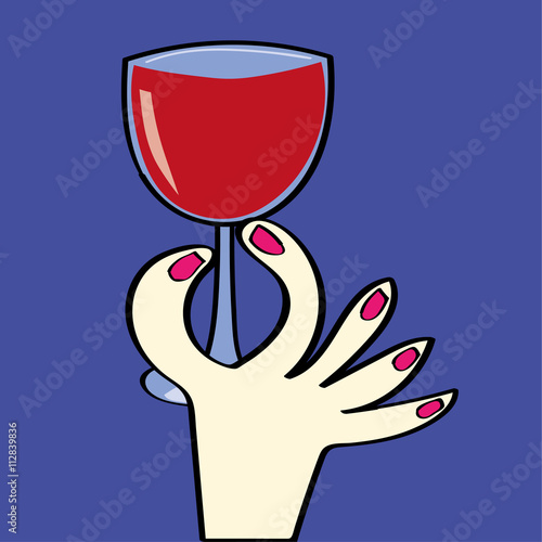Stylized hand of a woman with pink nail varnish holding a glass full of red wine