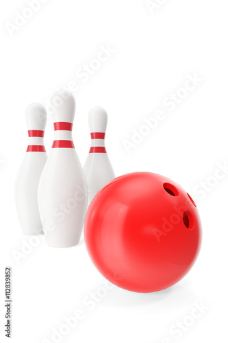 Red bowling ball in the foreground isolated on white. 3d illustration