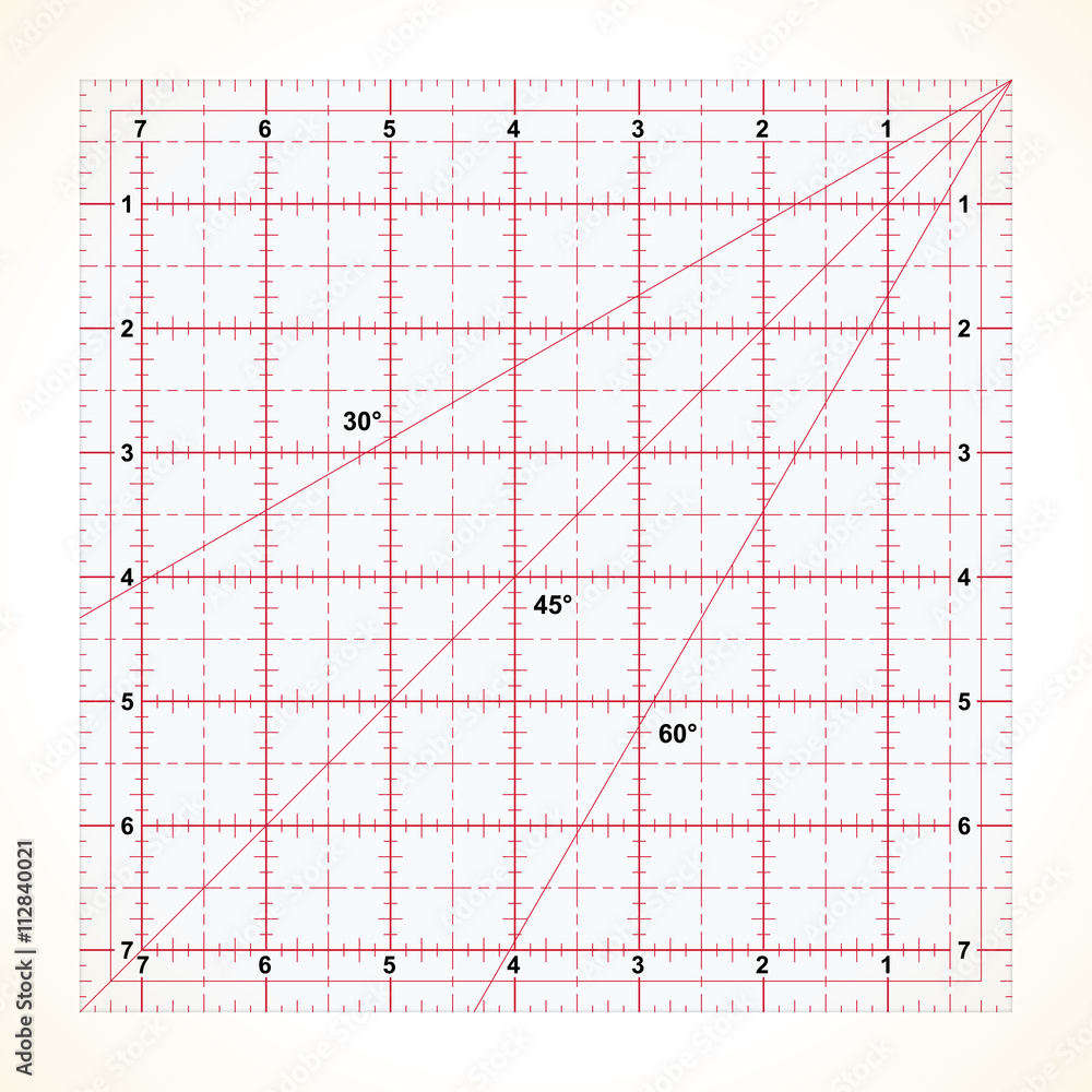 Square transparent ruler for quilting with inches scale, vector illustration