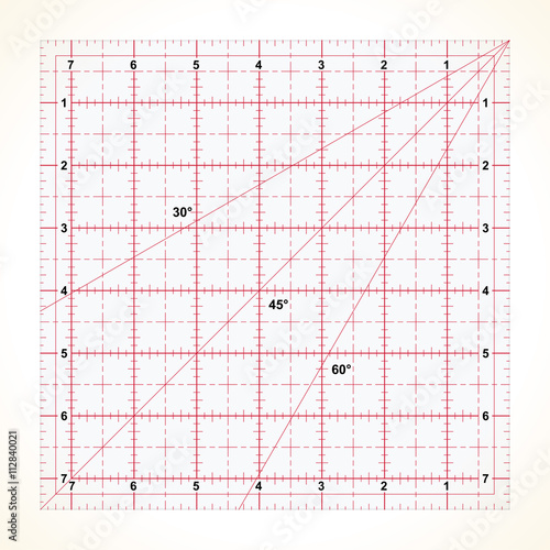 Square transparent ruler for quilting with inches scale, vector illustration