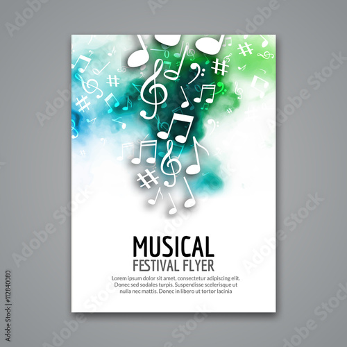 Colorful vector music festival concert template flyer. Musical flyer design poster with notes