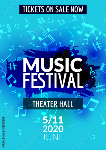 Colorful vector music festival concert template flyer. Musical flyer design poster with notes