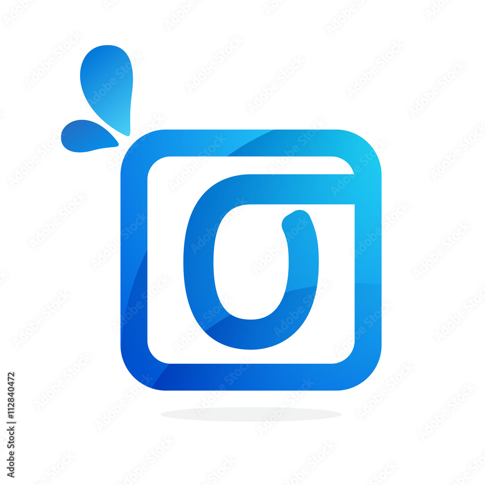 O letter logo in square with blue drops. O letter logo in square with blue drops.
