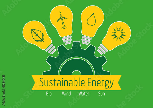 Sustainable Energy icons in light bulbs circled on a cog wheel
