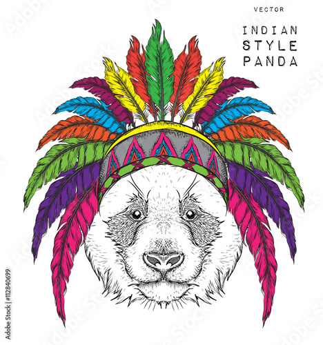 Panda in the colorful Indian roach. Feather headdress of eagle. Hand draw vector illustration
