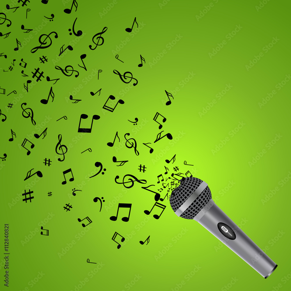 Fototapeta premium Abstract music background with notes and microphone. Musical backdrop. Music Notes isolated. Music microphone object
