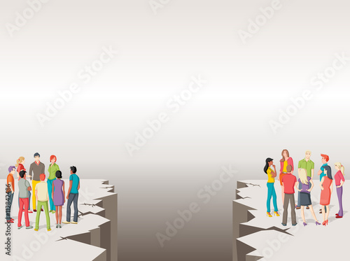Two groups of people separated by cracked floor. Abyss.