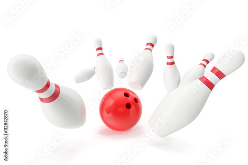 Bowling game, red ball crashing into the skittles. 3d illustration