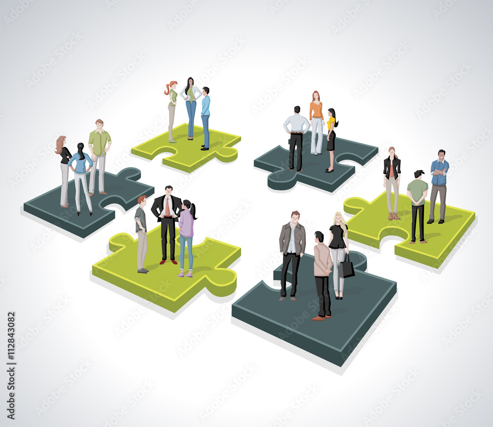 Business people over puzzle pieces Business people over puzzle pieces