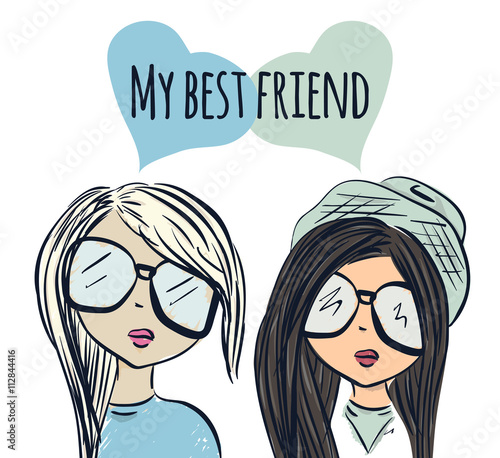 Fun fashionable girl friend. Fashion girls. Best friends. Vector