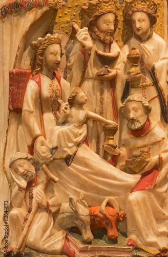 AVILA, SPAIN, APRIL - 18, 2016: The alabastrine relief of Three Magi scene in Catedral de Cristo Salvador by unknown artist of 16. cent.