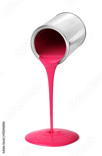 Metal tin can pouring red paint photo