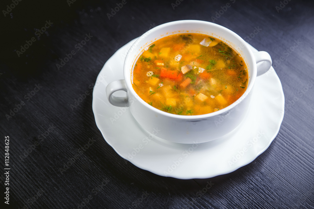 vegetable soup on the plate, delicious dish, food vegetable soup on the plate, delicious dish, food