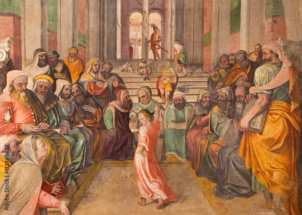 BRESCIA, ITALY - MAY 21, 2016: The  fresco Twelve old Jesus in the Temple by  Lattanzio Gambara ( 1530 - 1574) in church Chiesa del Santissimo Corpo di Cristo.