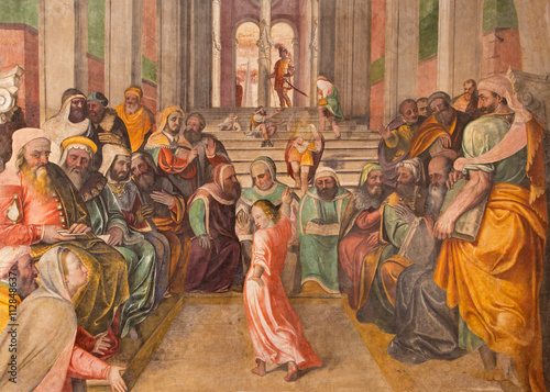 BRESCIA, ITALY - MAY 21, 2016: The  fresco Twelve old Jesus in the Temple by  Lattanzio Gambara ( 1530 - 1574) in church Chiesa del Santissimo Corpo di Cristo.