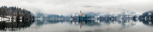 Panoramic view of Bled lake in the morning, Slovenia