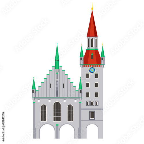 Old Munich town hall - vector flat style illustration. Munich Altes Rathaus building - landmark of Bavaria, Germany