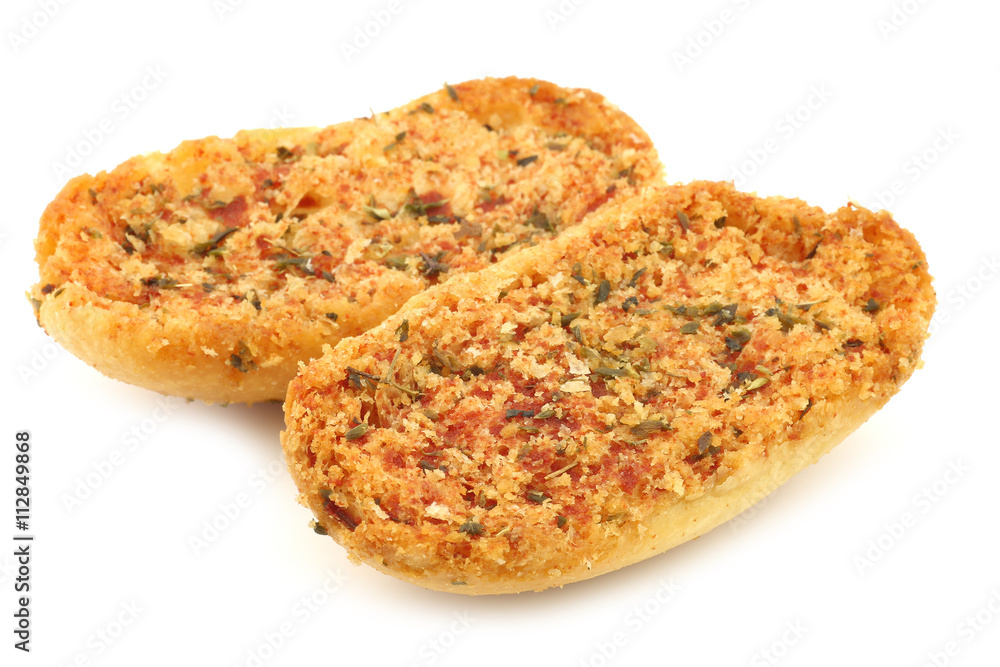 freshly baked Italian bread with garlic and herbs on a white background freshly baked Italian bread with garlic and herbs on a white background