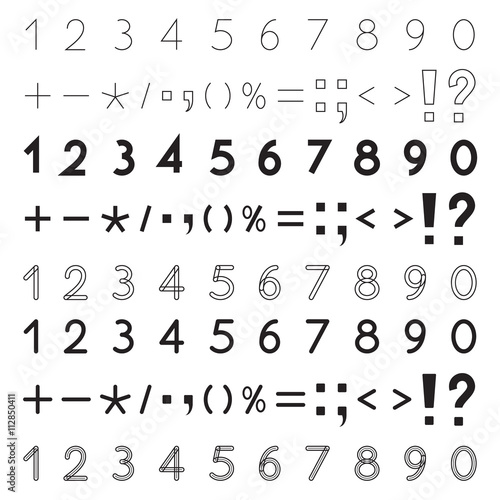 Set of numbers 1, 2, 3, 4, 5, 6, 7, 8, 9, 0, mathematical and punctuation signs, black isolated on white background, vector illustration.