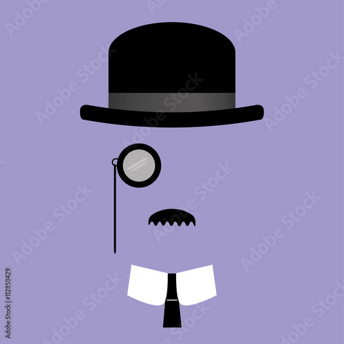 Vector illustration of facial features comprising of bowler hat,monocle,moustache with collar and tie