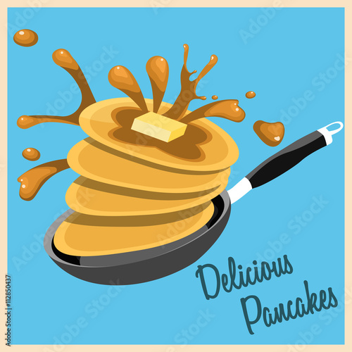 Flying pancakes with butter and maple syrup