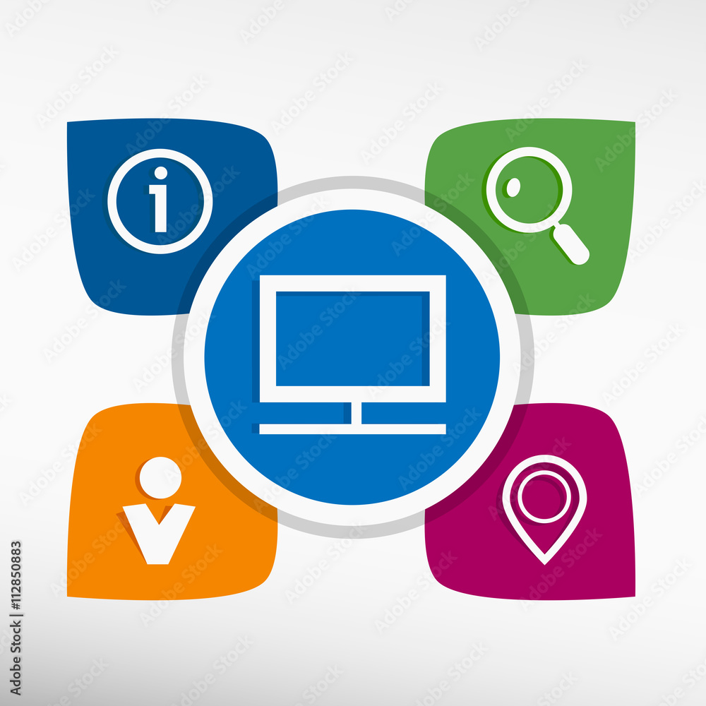 Fototapeta premium Monitor and icons set vector illustration. Modern Flat style